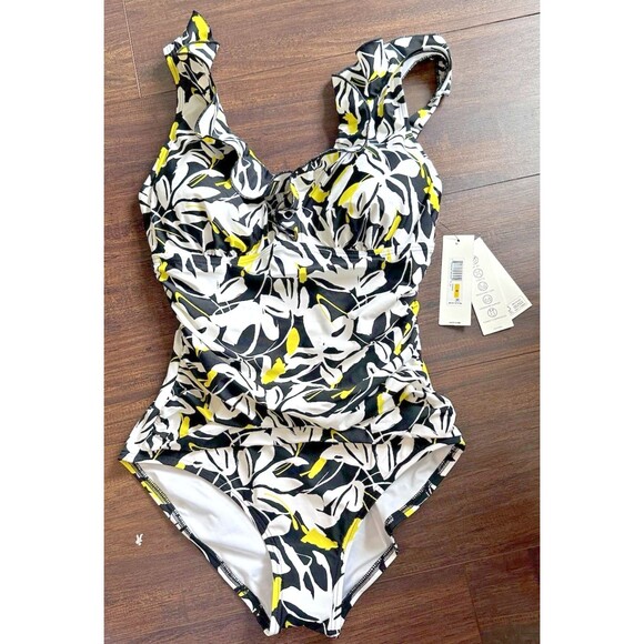 DKNY Women's Ruffle Neck One-Piece Swimsuit Fluorescent Yellow Black & White M - Picture 2 of 10